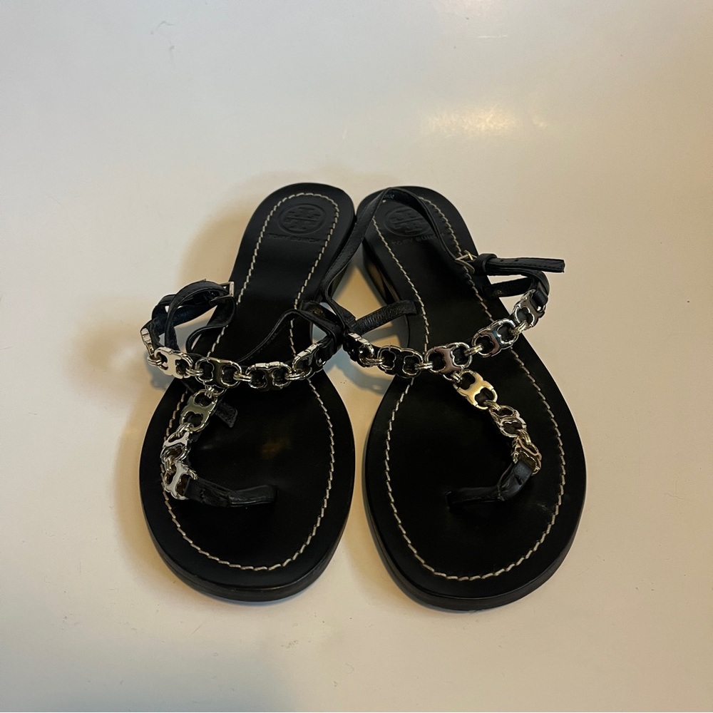 Tory Burch Black Sandals with Silver Chain Detail